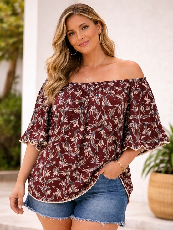 Umgee Tops - Umgee Boho Maroon floral Off Shoulder blouse XL half sleeve